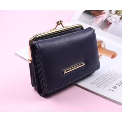 China Kiss Lock WAKED Kiss Custom Leather Triple Lock PU Leather Triple Short Purse Wallet For Women for sale