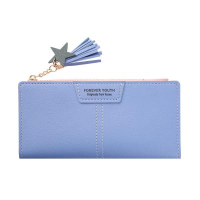 China Multiple Card Slots WAKE Custom Leather Receipt Pocket Zipper PU Tassel Bifold Wallet Long For Women for sale