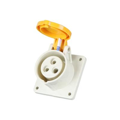 China Industrial 110V 2P+E 16A Industrial AC Power Socket Yellow Color 3 Pole Panel Mount Industrial Site Socket for sale