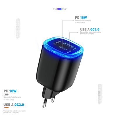 China Fast Shipping QC3.0 3A 20W Mobile Phone PD Charger With LED Light USB Type C Ports Wall Chargers Phone Charger For iPhone 12 for sale