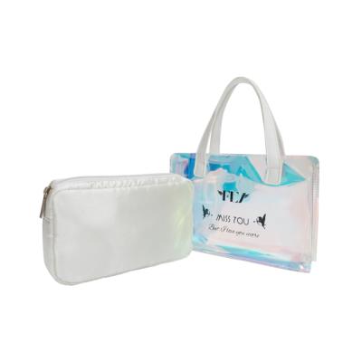 China Eco-friendly Iridescent Transparent Mini Cosmetic Tote Bag Laser Clear Make Up Bag With Small Purse for sale