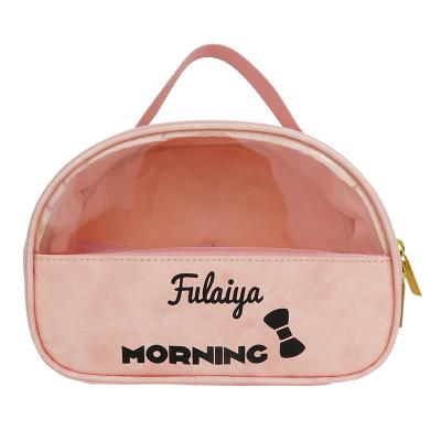 China Eco-friendly Cosmetic Bag Waterproof Makeup Bag Travel Tyvek Eco Paper Pink Make Up Bag With Clear Window for sale