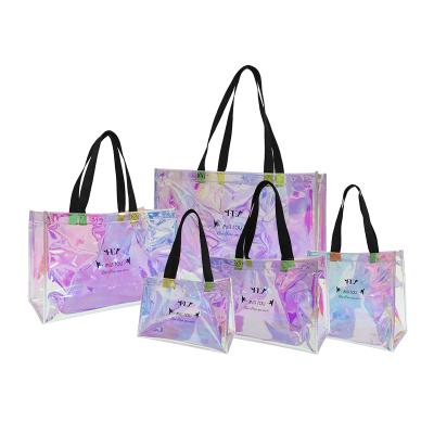 China Reusable Fashion College Designer Clear Transparent PVC Iridescent Stylish Shopping Tote Bag for sale