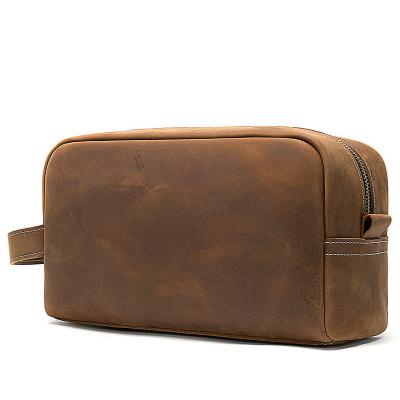 China Vintage Factory ODM/OEM Factory Genuine Leather Clutch Bag Man Toiletry Wash Makeup Zipper Pouch Travel Cosmetic Bag for sale