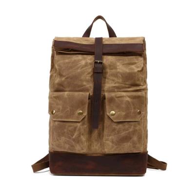 China Retro Amazon Waxed Canvas Leather Military Sport Waterproof Casual Men Backpack Rolltop Backpack for sale