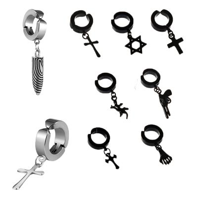 China Hot Cool Stainless Steel Hip Hop Amazon Cross Star Gecko Gun Fish Bone Dangle Clip On Non Pierced Earrings For Men's Earring for sale