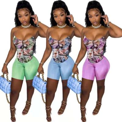 China 2021 Summer Wear Women Breathable Clothing 3colors Cute Shorts Ladies Flora Corset Top And Biker Flower Two Piece Set Pants for sale