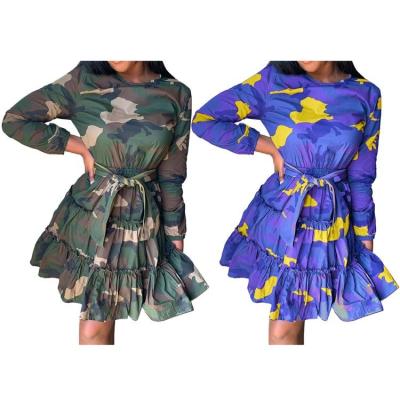 China New Design Anti-Static Round Neck SLS Long Sleeve Spliced ​​Camouflage Women Casual Autumn Mini Dresses for sale