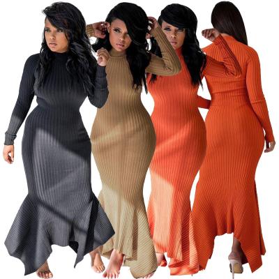 China 2020 Solid Color Sweater Maxi Dress Long Sleeve High Collar Ruffle Breathable Edge Knitted Turtle Neck Irregular Warm Dress For Winter for sale