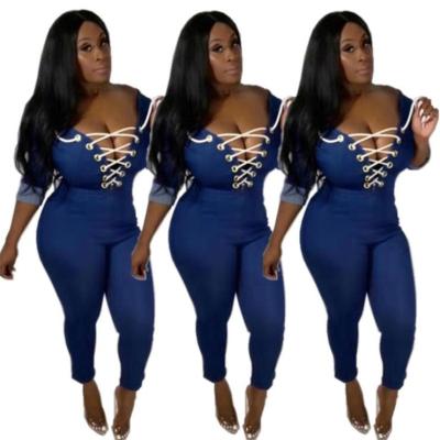 China Newest Design Wholesale Breathable Mesh Back Zipper Bodycon Sexy Denim Jean Rompers Women Jumpsuits for sale