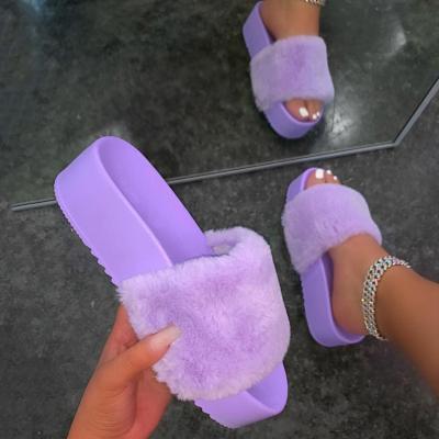 China Wholesale Light Fur Sandals Ladies Shoes Platform Sexy Faux Fur Slides Hairy Slippers for sale