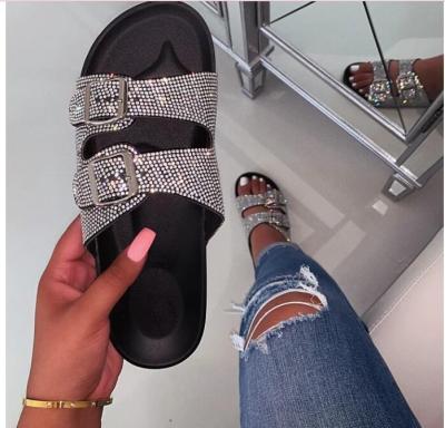 China Good Quality Summer Beach Flat Sandals Women Slippers Shoes Durable Custom Made Black Rhinestone For Ladies Glitter Sandals for sale