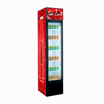 China Single-Temperature Retail Tall Energy Beverage Finishing Spruce Glass Door Display Fridge Slim Beverage Display Cooler for sale