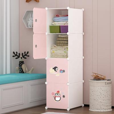 China (Size)Adjustable 4 Door Kids Plastic Portable Wardrobe Cartoon Baby Closet DIY Folding Wardrobe With Pink Door for sale