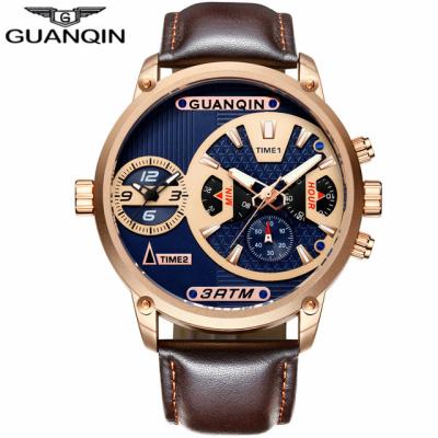 China GUANQIN Day/Date Luxury Men's Sport Leather Wrist Watch Relogio Masculino Retro Time Zone Quartz Multifunctional Classic Men Watch for sale