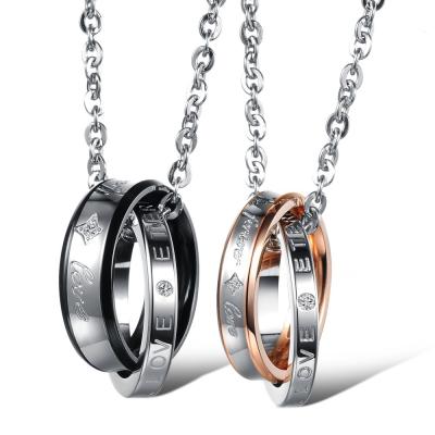 China Romantic Love Rose Gold Black Silver Double Ring Pendant Necklace High Quality Couples Necklace for sale