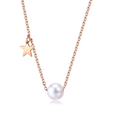 China High Quality Sweet Women Stainless Steel Rose Gold Plated Pendant Pearl Thin Star Chain Necklace for sale