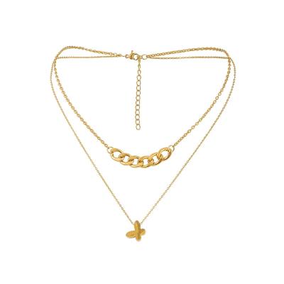 China Fashionable High Quality Women Gold Plated Smooth Double Chain Stainless Steel Butterfly Pendant Necklace for sale