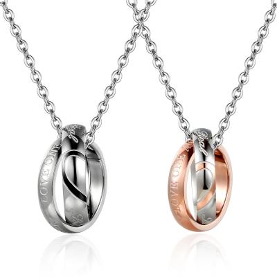 China High Quality Valentine's Day Gift Romantic Hot Splicing Love Rose Gold Double Circle Necklace Stainless Steel for sale