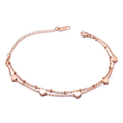 China High Quality Sweet Valentine's Day Gift Stainless Steel Chain Rose Gold Plated Pendant Heart Bracelet Double Bangle for sale