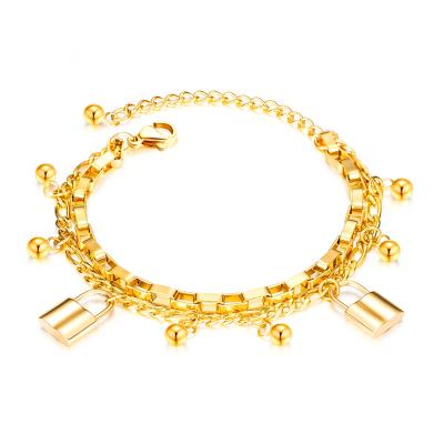 China High Quality All-match Classic Ladies Multilayer Chain Stainless Steel Beaded Lock Pendant Bracelet Gold Plated for sale