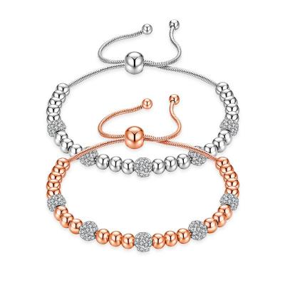 China High Quality Korean Women's Jewelry Two Tone Silver Rose Gold Beaded Rhinestone Drawstring Stainless Steel Bracelet for sale