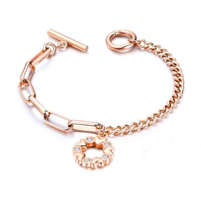 China Environmental Friendly Asymmetric Chain Ot Buckle Stainless Steel Heart Bracelet Rose Gold Circle Pendant Zircon for sale