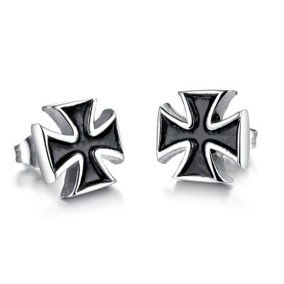 China High Quality Vintage Hot Sale Mens Stainless Steel Stud Earrings Black Enamel Cross Earrings for sale