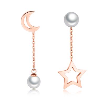 China High Quality Elegant Women's Rose Gold Plated Asymmetric Stainless Steel Hollow Star Moon Pearl Stud Earrings for sale