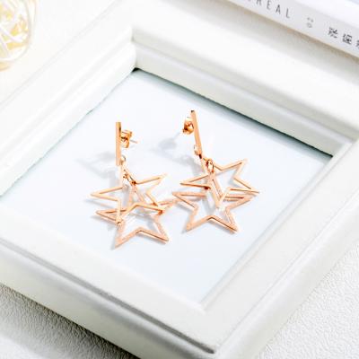 China High Quality Modern Women's Long Glossy Rose Gold Plated Stainless Steel Star Rough Hollow Stud Earrings Double Double for sale