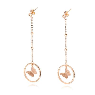 China High Quality Noble Elegant Ladies Rose Gold Plated Stainless Steel Chain Tassel Around Frosted Butterfly Earrings for sale