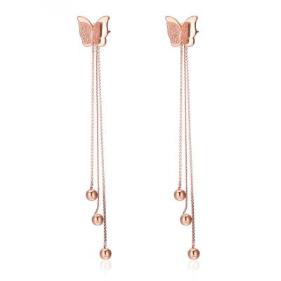 China Hot Sale Women's High Quality Stainless Steel Rose Gold Plated Tassel Back Korean Style Hanging Butterfly Frosted Earrings for sale