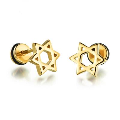 China Fashionable high quality men's women the same style titanium steel gold silver plated six cavity black star stud earrings for sale