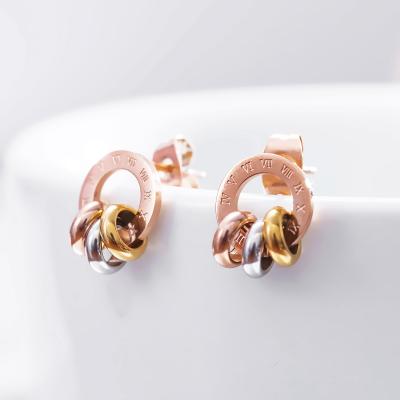 China High Quality Wholesale Rose Gold Roman Numerals Three-Color Circle Silvery Gold Rose Gold Earrings For Women for sale