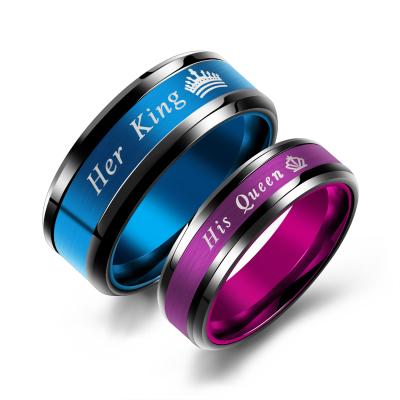 China High Quality Couples Ring Hand Ornament Bright Blue Purple Crown Uncommon Thick Thin Circle Face Lettering Rings for sale