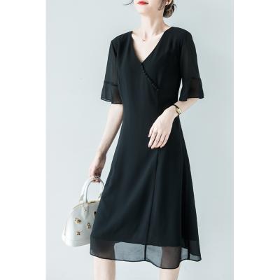 China Breathable Floral Print Square Collar Dresses New Summer Ruffle Sleeve Slit Midi Women's Slim Chiffon Dress for sale