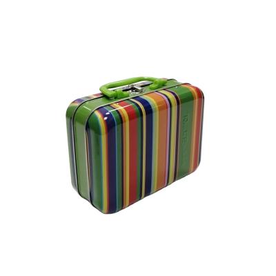 China Hot Sale Recyclable Metal Purse Suitcase Shaped Customized Printing Tin Lunch Box With Hinged Lid And Lock for sale