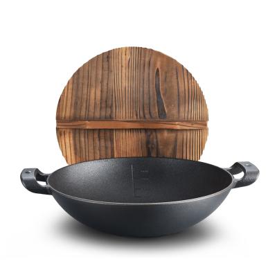 China China Hot Selling Sustainable Non-stick Cookware Cast Iron Wok With Lid Wooden Cast Iron Cookware for sale