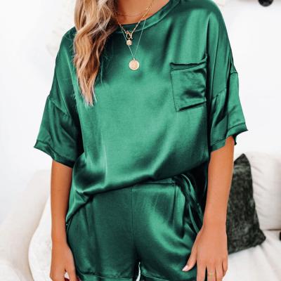 China Women Girl Solid Color Silk Satin QUICK DRY Homewear Front Pocket Short Sleeve Sleepwear for sale