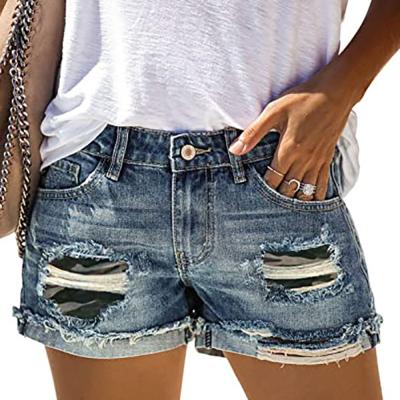 China New Summer Women's Breathable Leopard Camouflage Ripped Patch Jeans Elastic Waist Plus Size Denim Shorts for sale