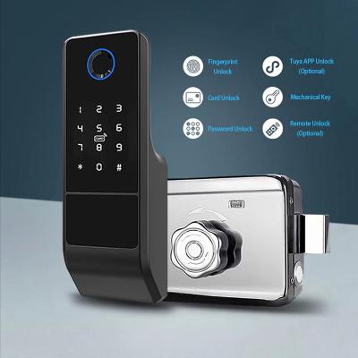 China Home Security RFID NFC Card Fingerprint Wifi Tuya Virtual Lock Passcode Open Rim Door Lock for sale