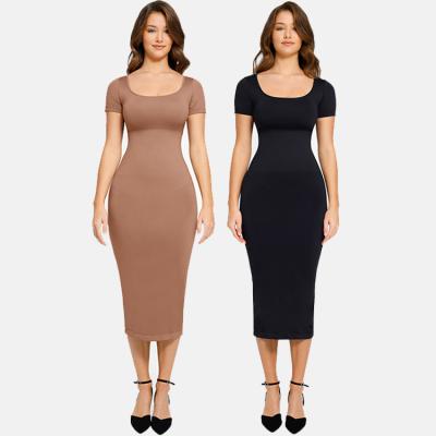 China 55% gerecycled nylon vrouwen naadloze shapewear midi bodycon jurk voor sexy figuur Te koop