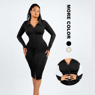 China Naadloze taille trimming Retro lange mouwen shirt jurk met ingebouwde shapewear body shaper voor vrouwen Te koop