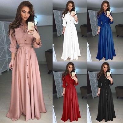 China 2018 Otoño e Invierno Mujer Vestido largo Casual Manga larga Vestido delgado Señoras Moda Botton Maxi Long 2Dress en venta