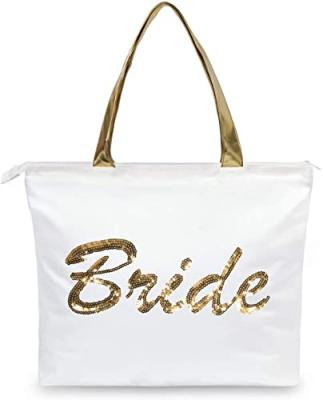 China Ruthbag Wedding Gold Sequin Handled Canvas Tote Bag Bridal Shower Gifts for Bride Bag with an Internal Pocket Zipper Top Closure for sale