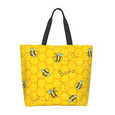 China Reusable Shopping Grocery Bag Bees Handled Canvas Tote Bag Large Women Casual Shoulder Bag Yellow Handbag For Outdoor for sale