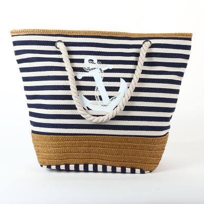 China New Fashion Lady Canvas Beach Bag Navy Canvas Handbag Rope Handle Strap School Shoulder Bag Casual Stripe Printed Traveling Tote Bag Large for sale