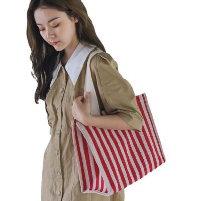 China Factory Outlet Elegant Women's Handbag Tote Bag Supermarket Shopping Book Large Capacity Tote Bag New Handbag Striped Canvas for sale