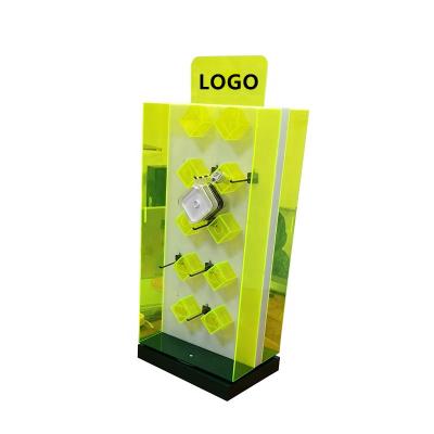 China Eco-friendly New Design Rotating Perspex Countertops Display Stand Neon Color Acrylic Mobile Accessories Show Racks With Two Doors for sale