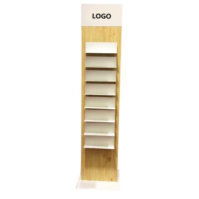 China Custom Design Custom Retail Glasses Show Racks Floor Wooden Sunglasses Display With Double Side Shelves for sale